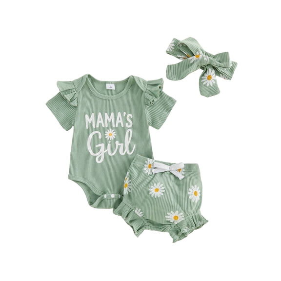 BemeyourBBs Newborn Baby Girls Summer Clothes Baby Girl Little Sister Mama's Girl Outfit Cute Letter Print Short Sleeve Ribbed Romper Elastic Strawberry Floral Ruffled Shorts Headband 3-Piece Set