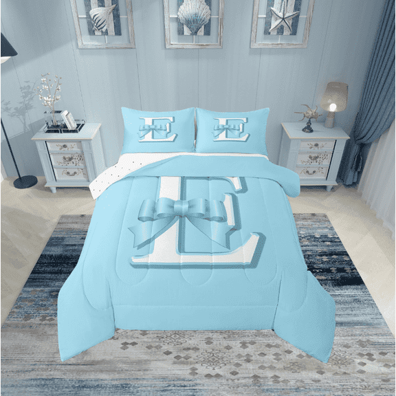 Erosebridal Blue Bowknot Bedding Twin Comforter Set, Initial Letter E Down Comforter, Cartoon Monogrammed Reversible Comforters & Duvets, Breathable Bedroom Decorative, 2pcs