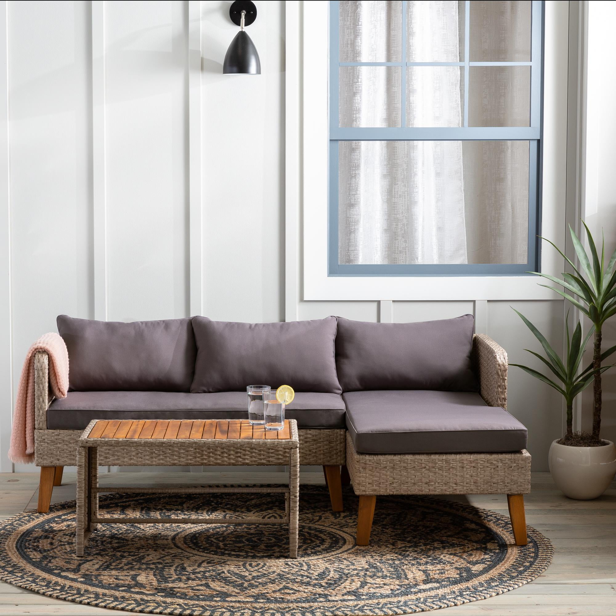 Mayview Outdoor Patio Sectional Set, Brown Wicker with Table