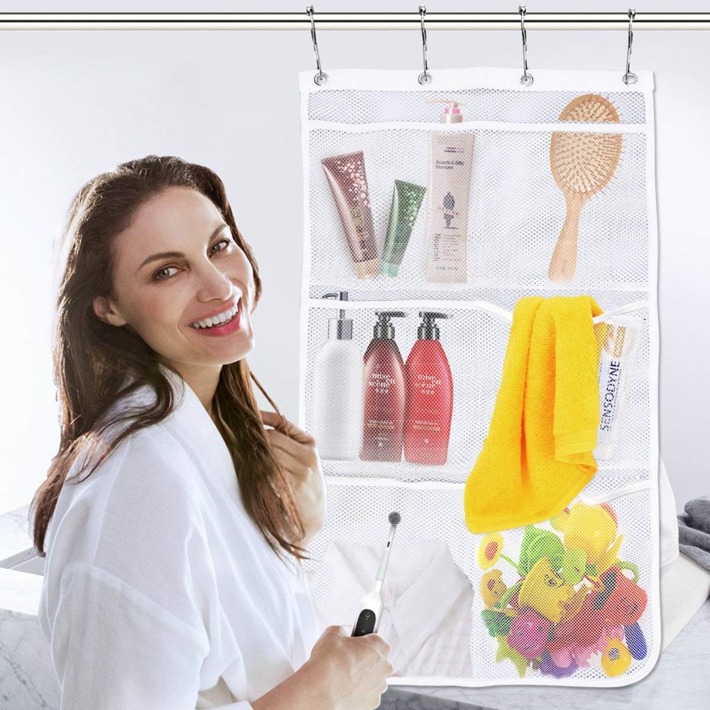 Mesh Shower Caddy Curtains Organizer Hanging Bathroom Shower Curtain