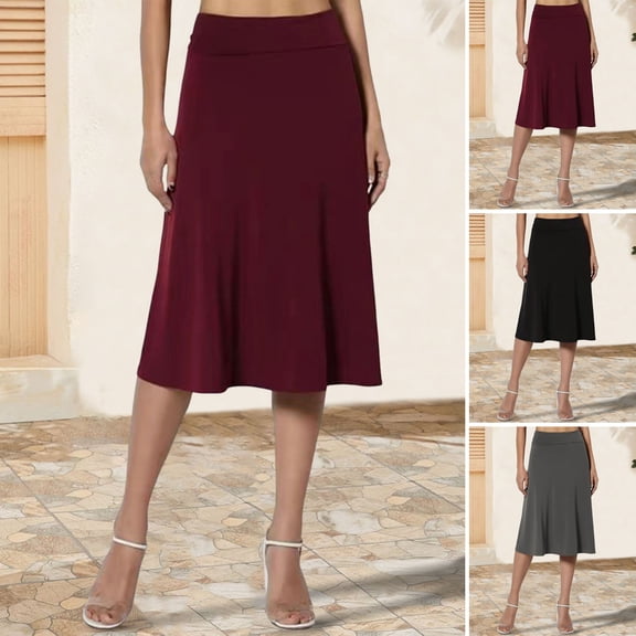 Joernso Women's Knee Length Skirt Summer Casual High Waisted Flared A-Line Skirt Stretchy Simple Foldover Midi Skirt