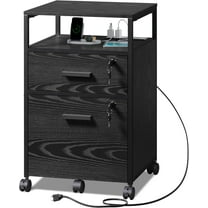 CZMJY 2 Drawer File Cabinet with Lock and Charging Station, Wood Filing Cabinet fits A4 or Letter Size, Mobile Printer Stand with Open Storage Shelf for Home Office, Black