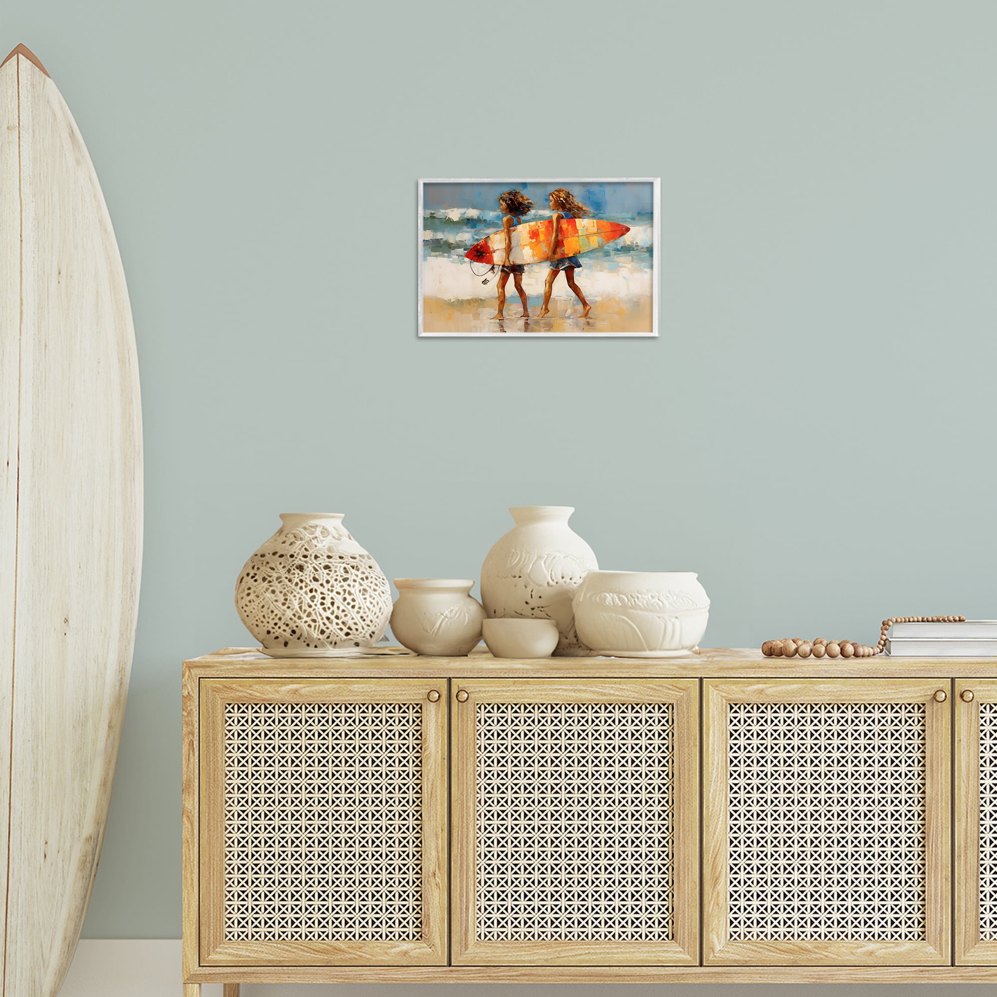Stupell Industries Surfboard Kids Friends Sports Painting White Framed Art Print Wall Art, 18 x 12