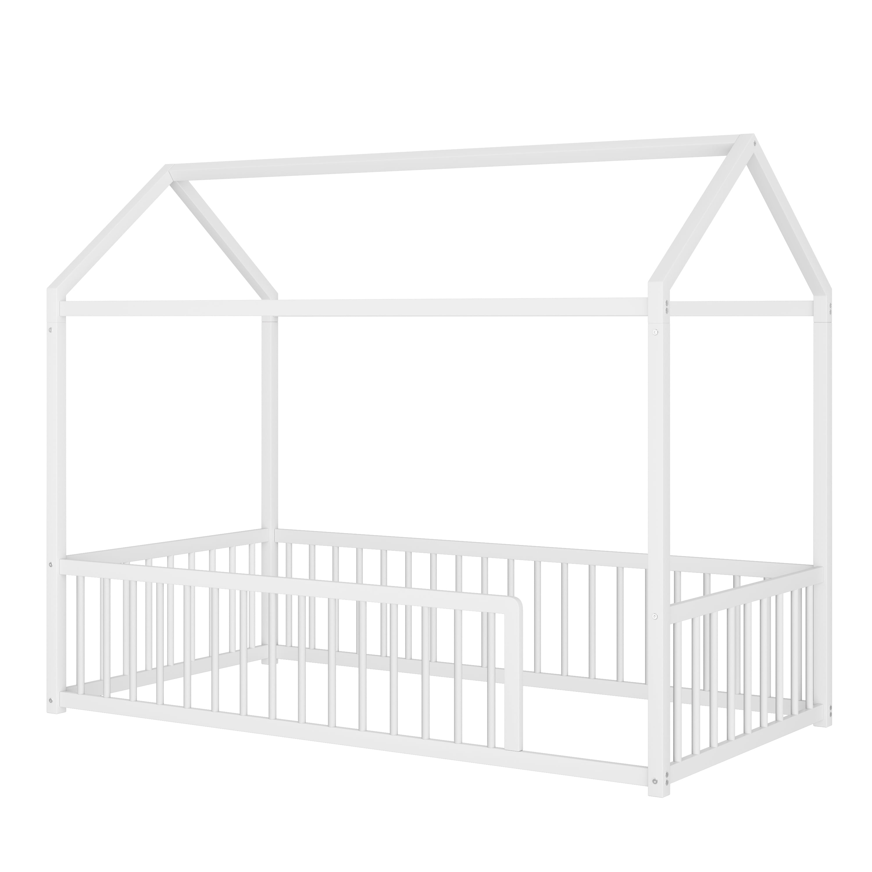 Euroco Metal Twin Size Canopy Bed, Low Profile House Bed with Guardrails, White