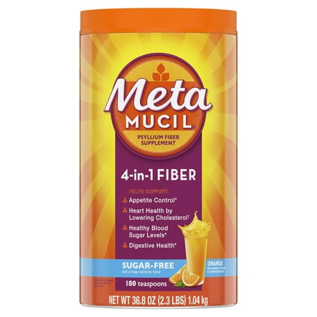 Metamucil Fiber, 4-in-1 Psyllium Fiber Supplement, Sugar-Free Powder, Orange Flavored Drink, 180