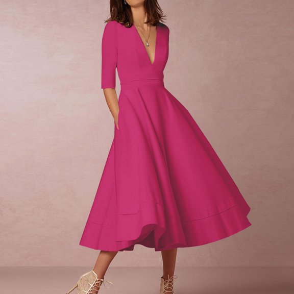 Levmjia Midi Dresses for Women Summer Fashion Sexy Short Sleeve V-Neck Solid Mid-Calf Dress Elegant Evening Party Dress