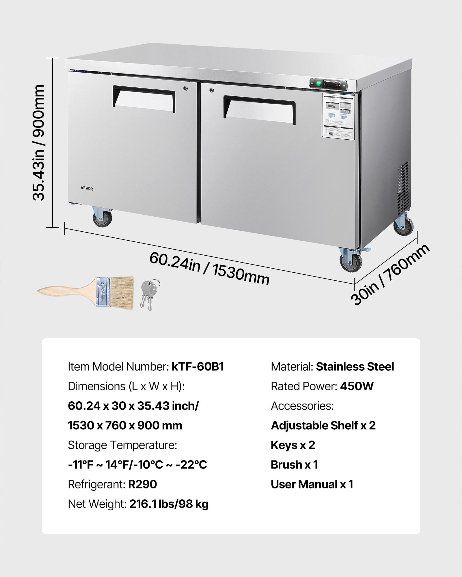 VEVOR 60" W Commercial Freezer, 14.8 Cu.Ft Worktop Freezers Undercounter with LED Auto Lighting and Lockable Door,2 Doors Food Freezing Prep Worktable,Stainless Steel