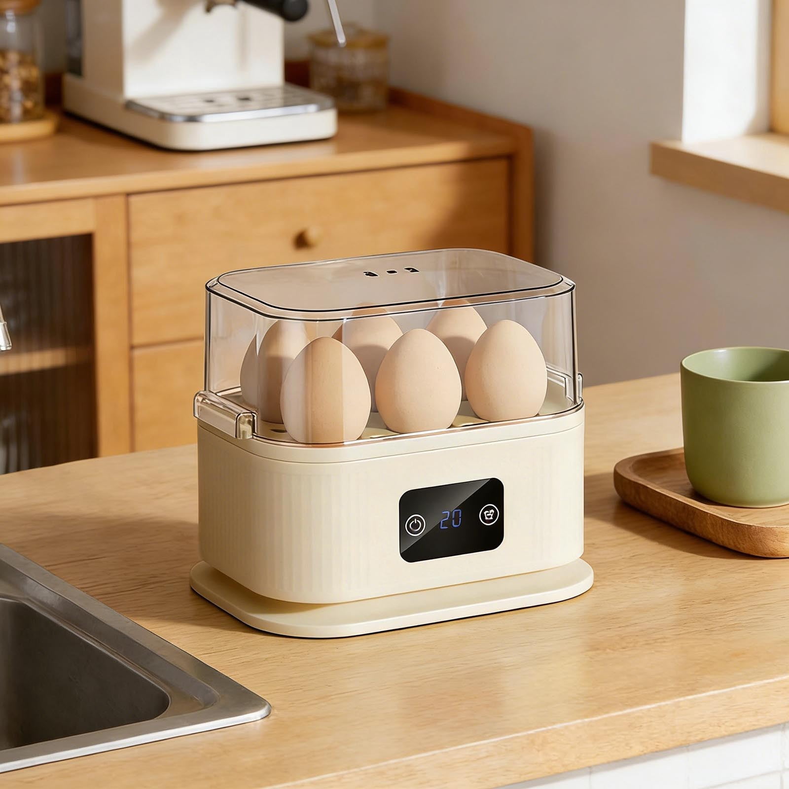 Rapid Egg Cooker Electric 6 Eggs Capacity, Soft, Medium, Hard Boiled, Poacher, Omelet Maker Egg Poacher With Auto Shut-Off, BPA Free,Beige