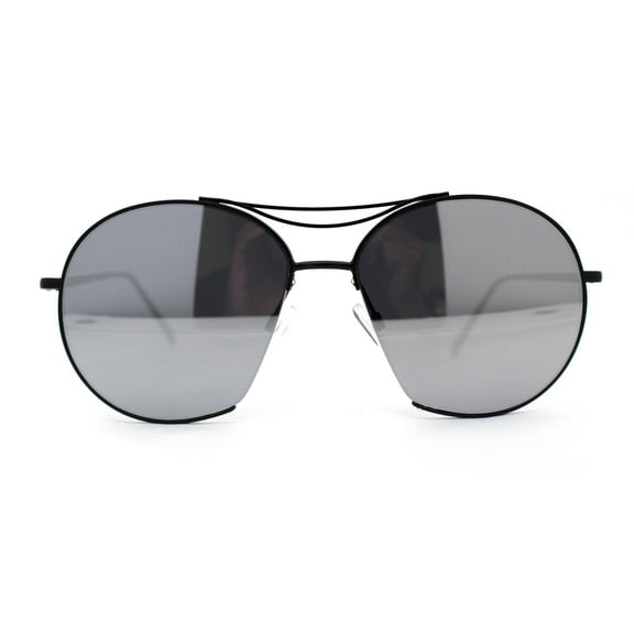 Retro Avant Garde Cropped Round Metal Rim Sunglasses Black Silver Mirror