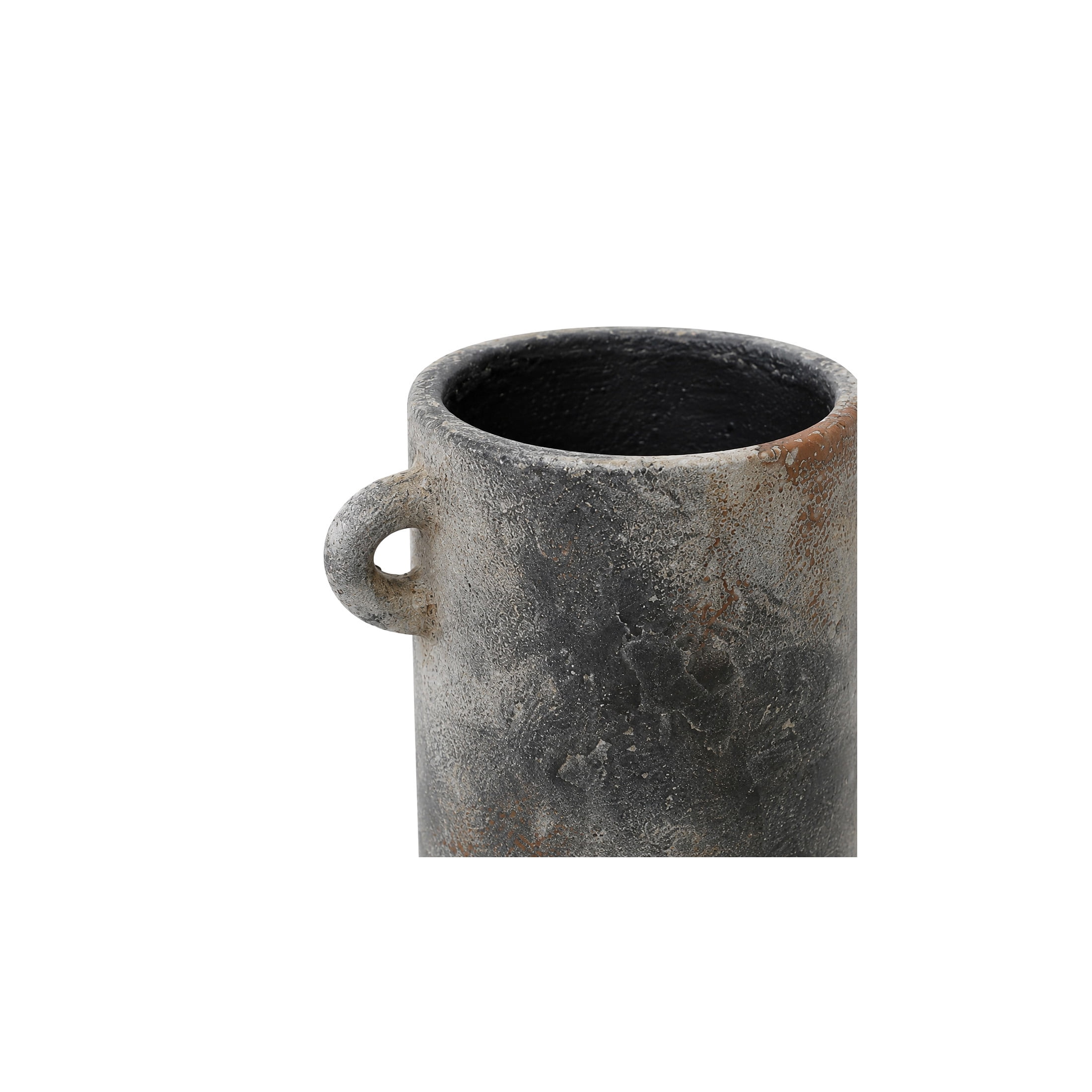 DecMode 9" Antique Style Textured Dark Gray Ceramic Vase with Brown Accents and Handles