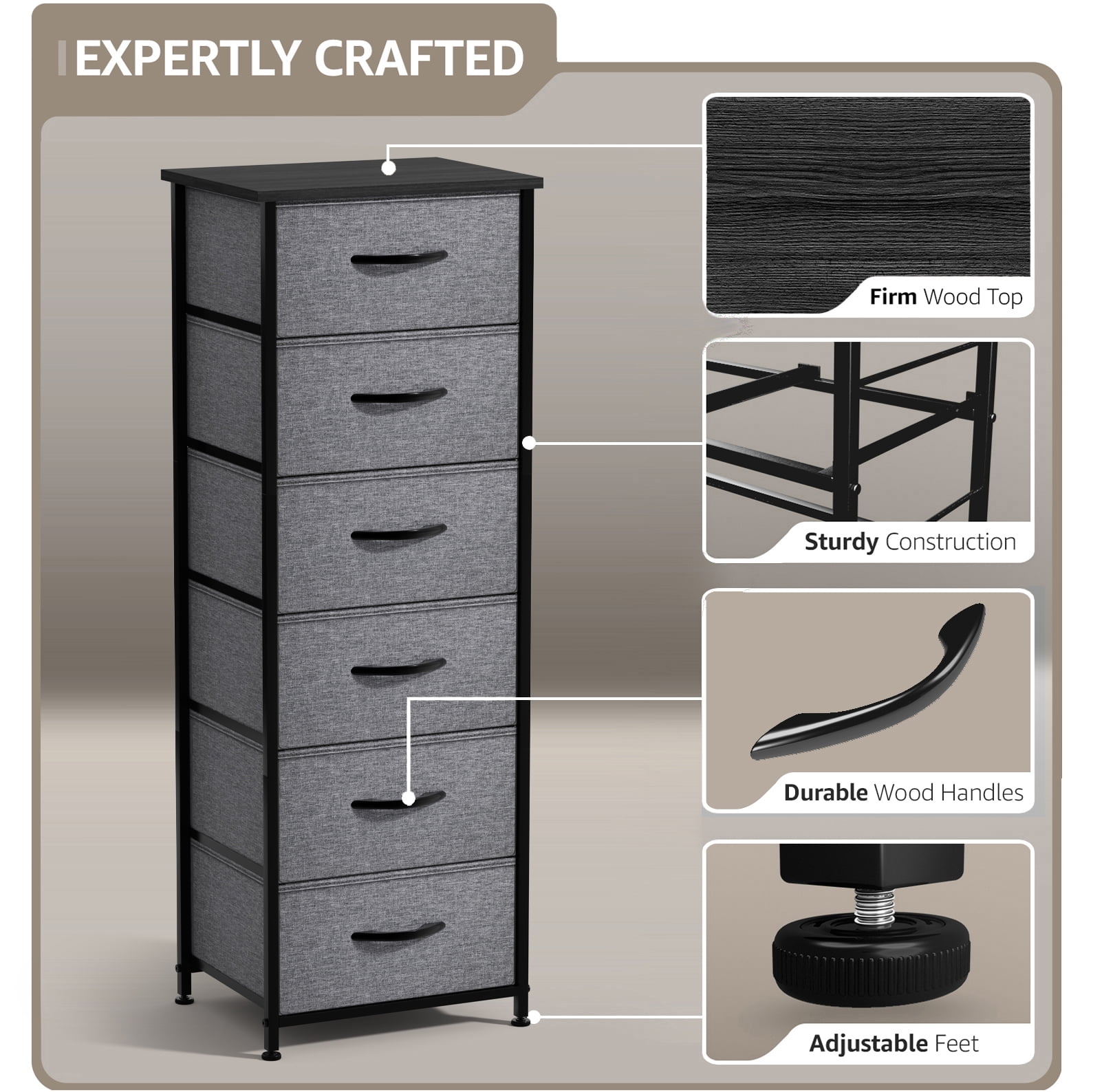 Sorbus 6-Drawer Fabric Dresser, Tall Bedroom Storage Tower, Black