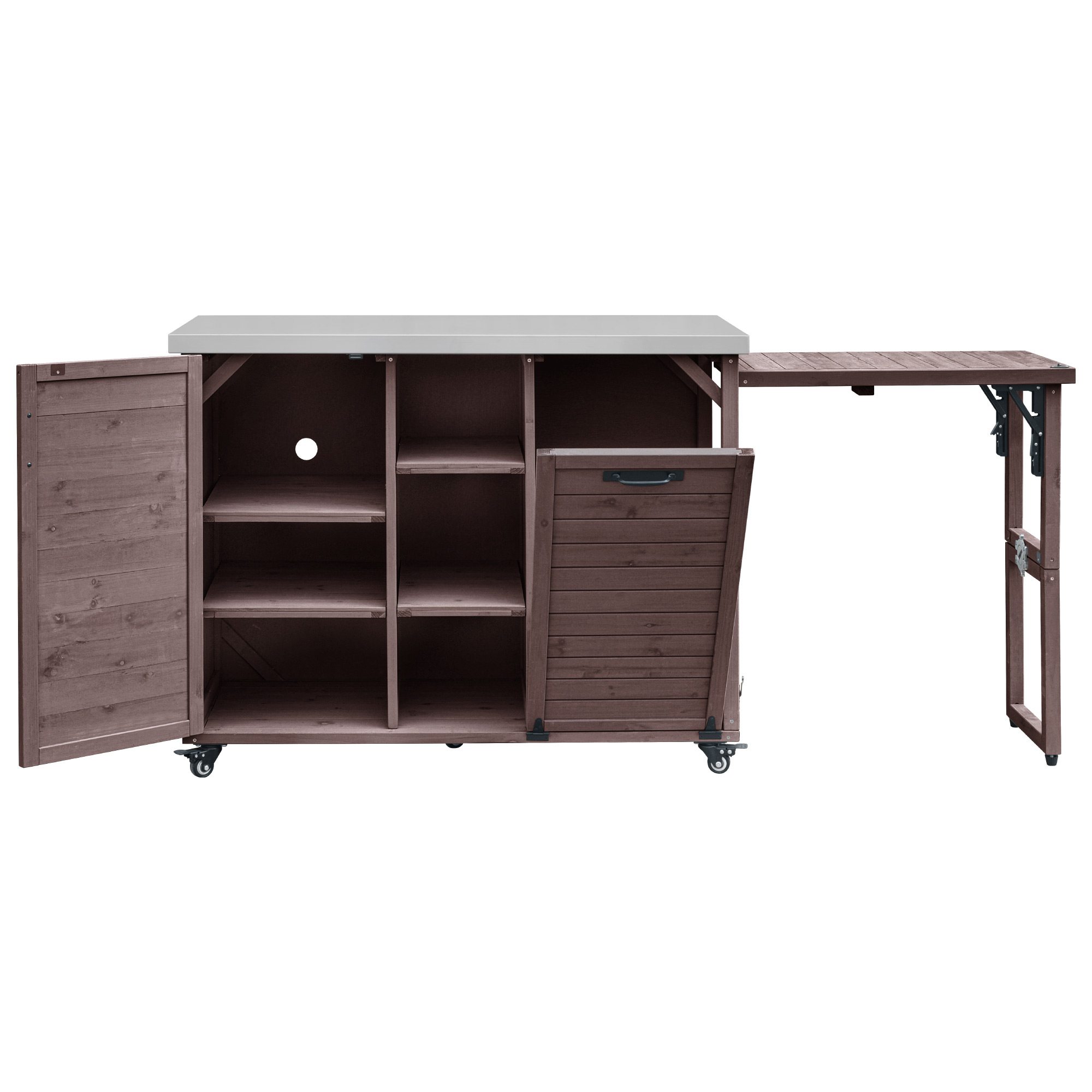 Euroco 78.3" Outdoor Kitchen Island with Foldable Grill Table, Wooden Outdoor Grill Cart with Trash Can Storage & Stainless Steel Top, Outdoor Bar Cart, Pizza Oven Table