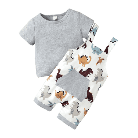 

Mikrdoo Newborn Baby Boys Outfits Solid Color Tops Dinosaur Print Straps Suspender Pocket Bodysuits 2Pcs Summer OOTD Gray 9-12 Months