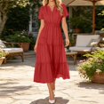 thumbnail image 2 of Bysome Women Dresses Solid Color Short Sleeve V-Neck Pleated Flowy Dress Summer Comfortable Women Dress Size 2XL Red, 2 of 5