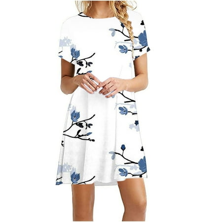 

YanHoo Women s Summer Dresses Holiday Short Sleeve Tshirt Dress Ladies Petite Girls Floral Print Dress