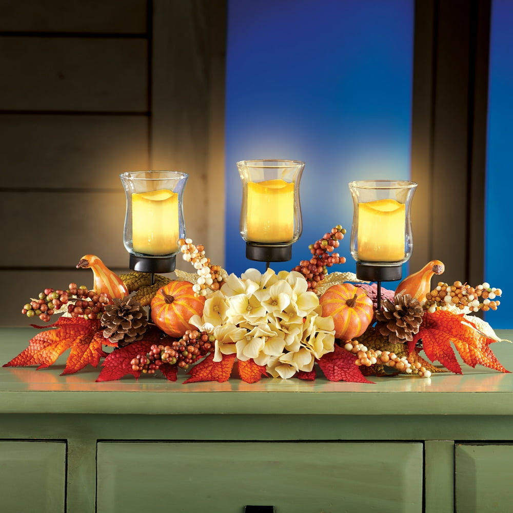 Fall Harvest Centerpiece with Three Candle Holders and Floral Accents