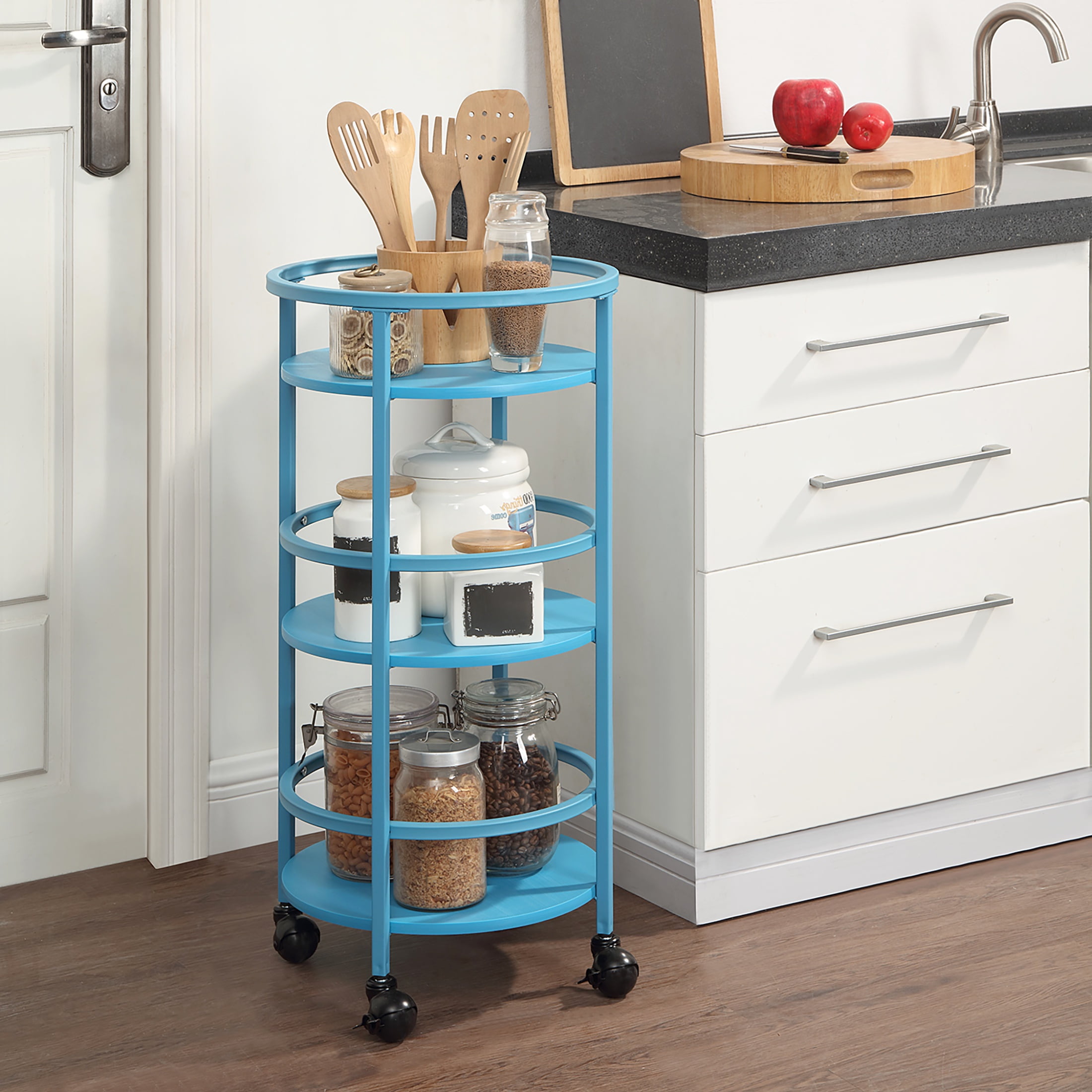 Mainstays 32" 3-Tier Rolling Round Kitchen Bar Storage Cart, Blue