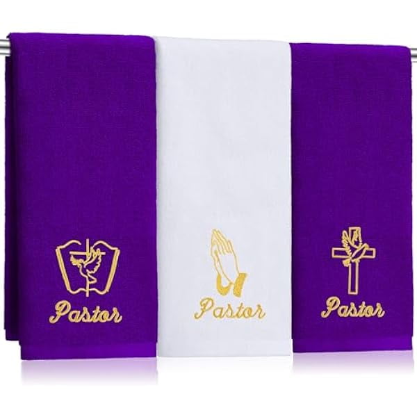 wonima01 3 Pcs Pastor Hand Towels - Cotton Embroidered Pastor Appreciation Gifts for Clergy - Gold Lettering Christian Gifts for Christmas, Father's Day, Bathroom, Kitchen(Purple White)
