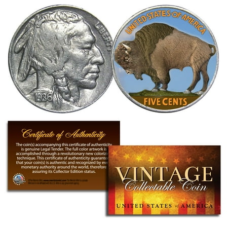 One Cent Coin Cufflinks - 1930's 5 Cent Genuine Indian Head Buffalo Nickel Coin Full Date COA - COLORIZED
