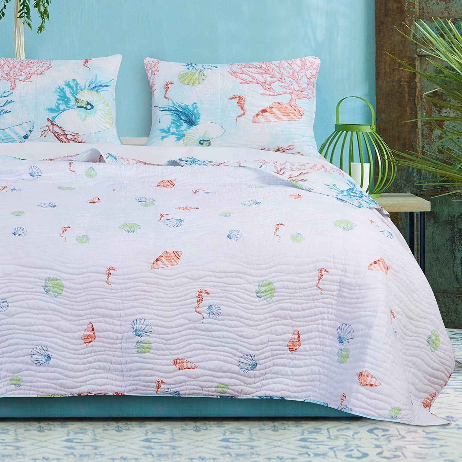 Barefoot Bungalow Sarasota Coastal Seashell Quilt Set, 3-Piece King/Cal King