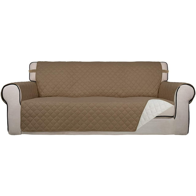 Reversible Quilted Sofa Cover, Water Resistant Slipcover Furniture Protector, Washable Couch Cover with Non Slip Foam and Elastic Straps for Kids, Dogs, Pets (Sofa, Camel/Ivory)