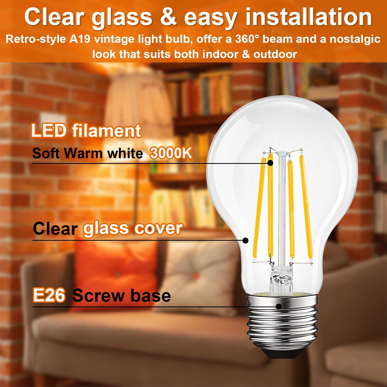 sinvic  A19 E26 Edison Bulb, 6 Pack High Output Dimmable A19 Vintage Light Bulb 806LM 2700K Warm White 8W, Equal 60W, CRI 85+ E26 Base, Clear Glass A 19 Filament LED Bulb for Chandelier, Pendant
