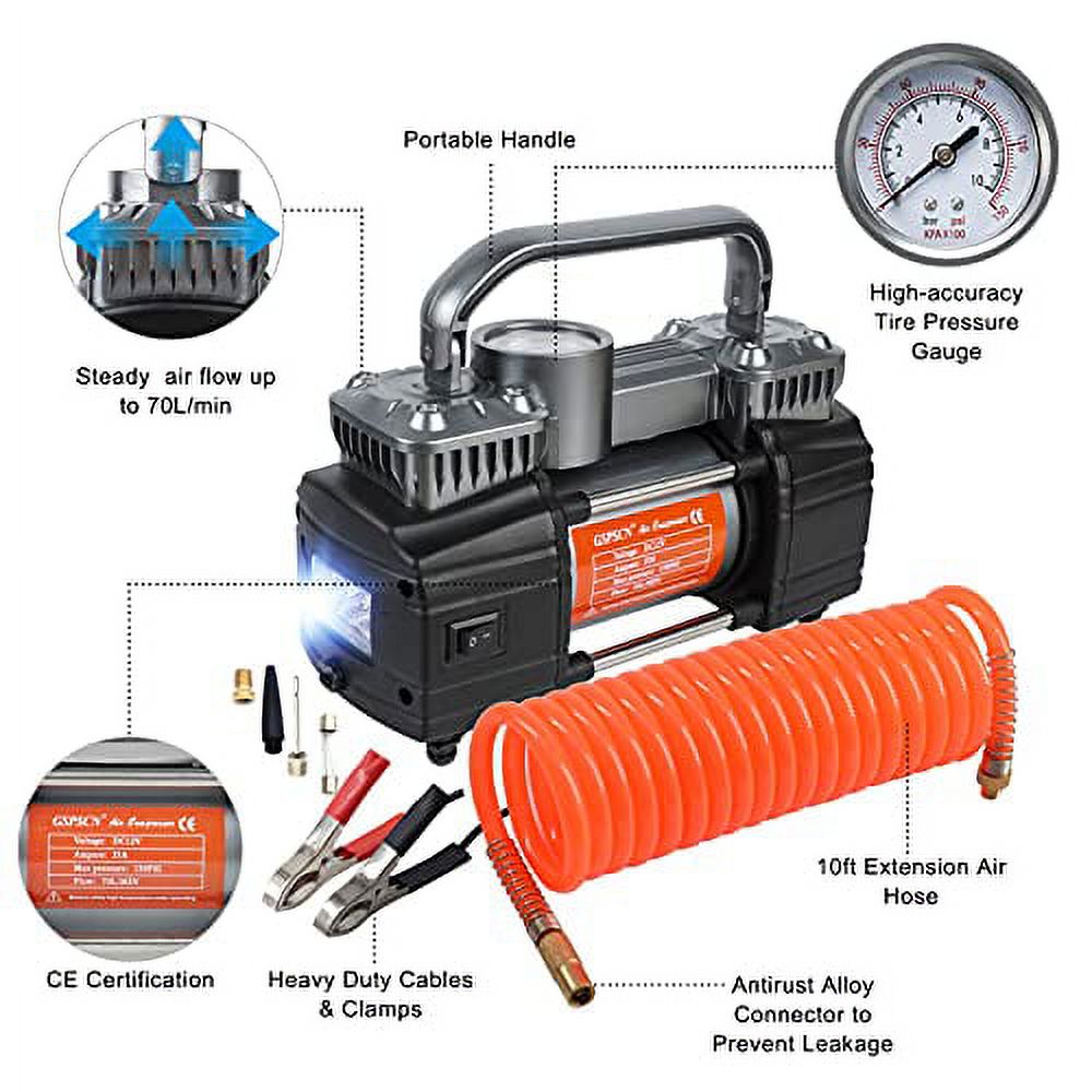 GSPSCN Dual Cylinder DC 12V Air Compressor for Car, Heavy Duty Portable Tire Inflator,Tire Pump 150PSI with LED Light for Auto,Truck,SUV, RV,Balls etc - 1