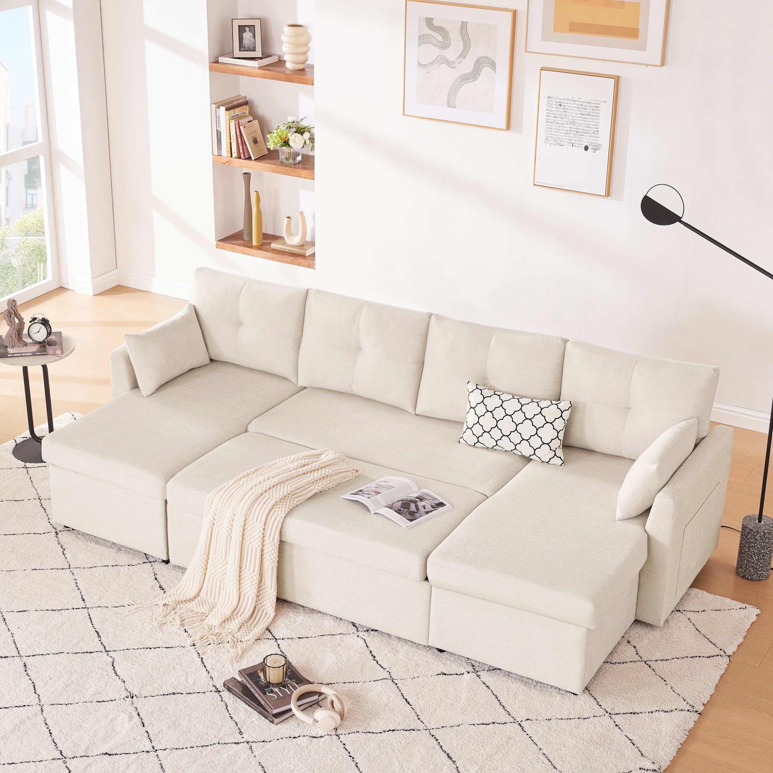 Weture Sectional Sleeper Sofa, 2 in 1 Pullout Couch Bed with Storage Chaise and Pillows, Side Pocket, Beige