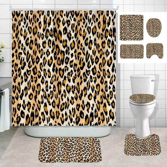 4PCS Leopard Print Shower Curtain Sets with Rugs, Cheetah Print Shower Curtain, Waterproof Fabric Purple Shower Curtain, American Wildlife Wild Animal Skin Safari Modern Women Bathroom Decor