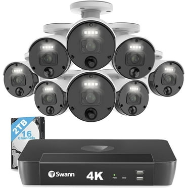 SWANN 4K Master Security Camera System, 8pcs PoE Bullet Cameras, 16CH Cat5e Wired NVR System with 2TB HDD, Sensor Spotlights, Color Night Vision, 24/7 Home Surveillance, True Detect, Indoor/Outdoor