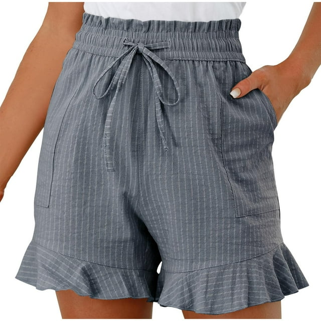 Besolor Summer Shorts for Women Trendy Striped Elastic Waist Drawstring Ruffle Hem Beach Lounge Shorts with Pockets