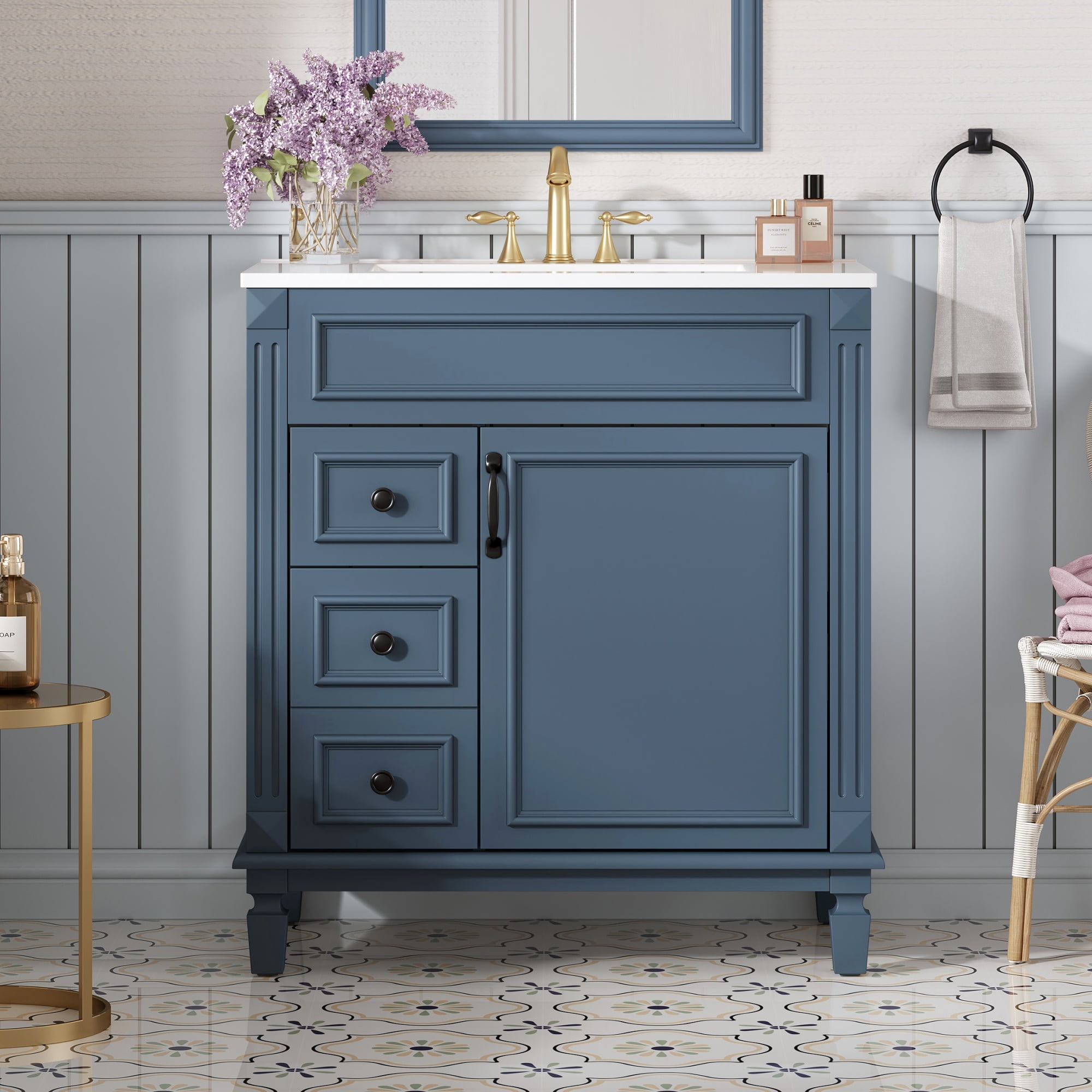 Euroco 30" Bathroom Vanity with Ceramic Sink, Small Bathroom Sink Cabinet, Modern Cabinet with 2 Drawers and Adjustable Shelf