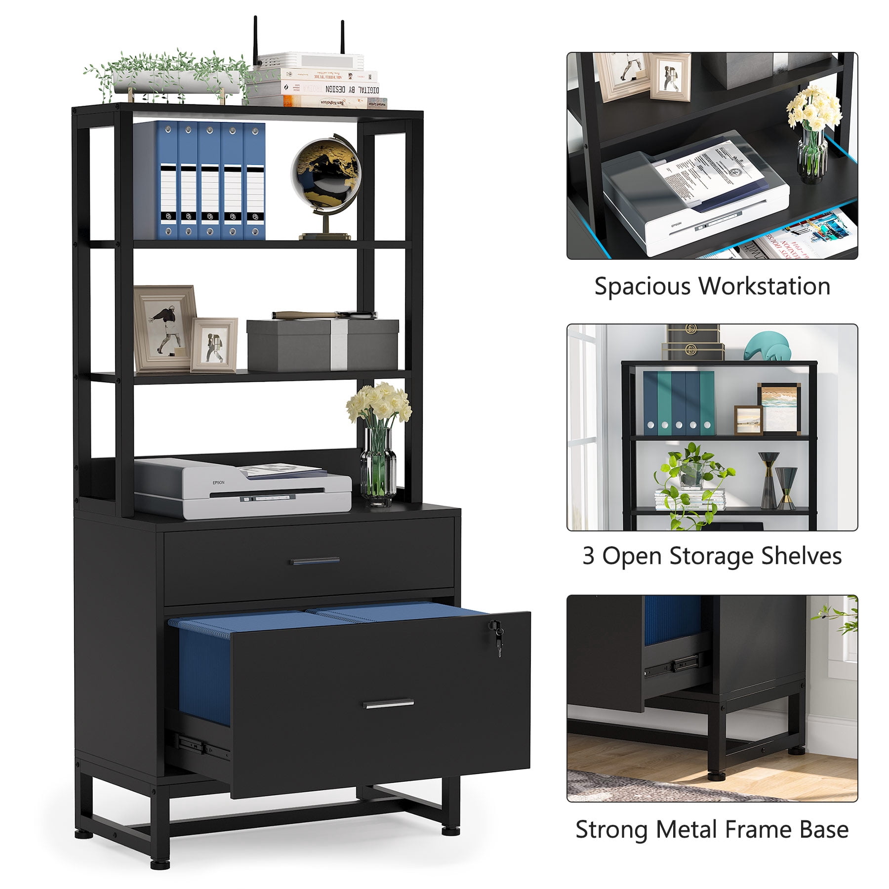 Tribesigns 2 Drawer Locking File Cabinet with Bookshelf Black Durable Storage