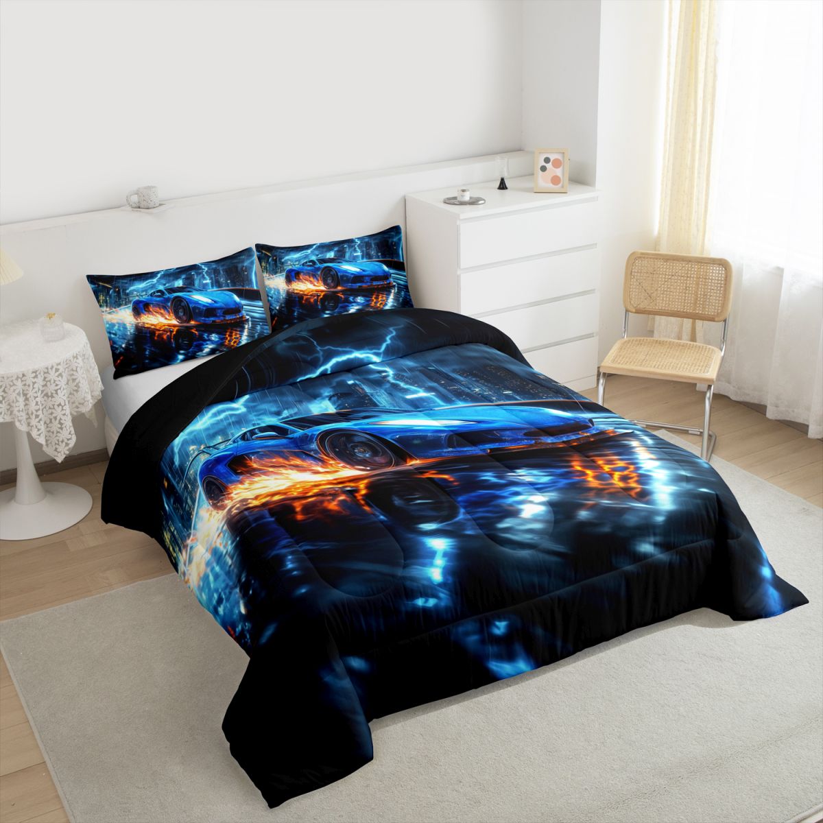 Feelyou Speed Sports Lover Bedding Comforter Set for Kid, Fashion Automobile Twin Comforter Sets, Neon Blue Lightning Reversible Bedding Set, Luxury Bedroom Decor, 2 Pieces