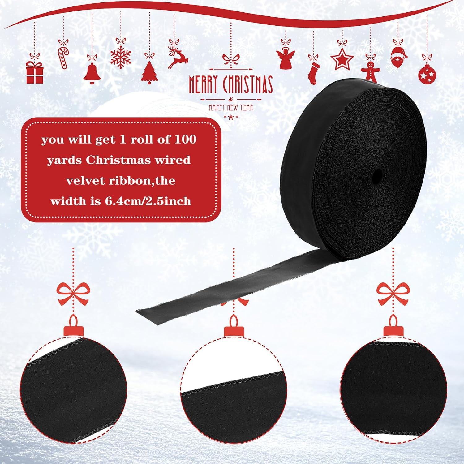 2.5'' x 100 Yards Black Christmas Velvet Ribbon Wide Wired Outdoor Xmas Ribbon Waterproof Wrapping Velvet Decoration for Xmas Wreath Bows Floral Craft Decor