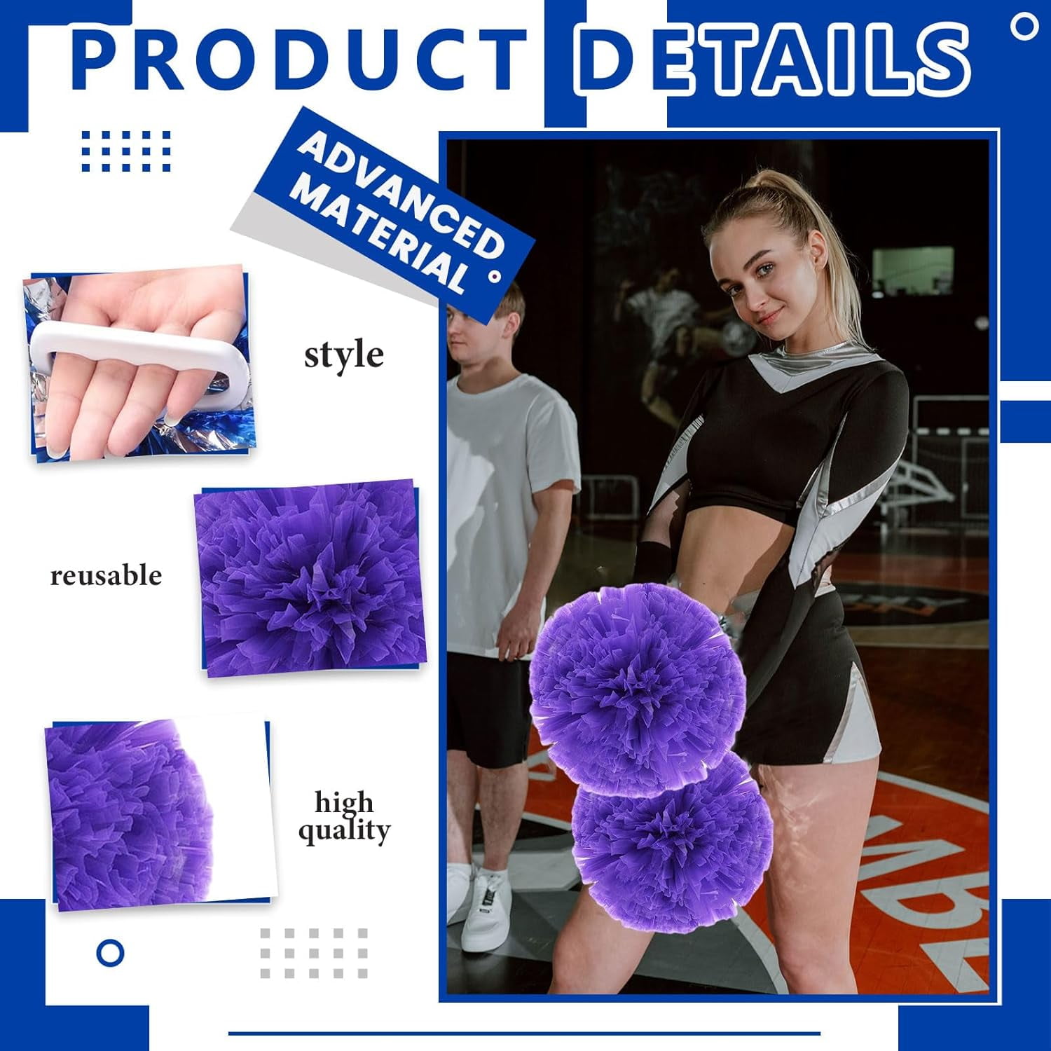 Cheerleader Pom Poms 24 Pack Sports Dance Cheering Plastic Metallic Cheerleading Pom Poms for Kids Adults