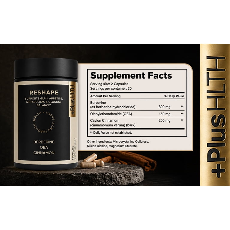 PlusHLTH Reshape Capsules, Berberine, Cinnamon, OEA, Vegan