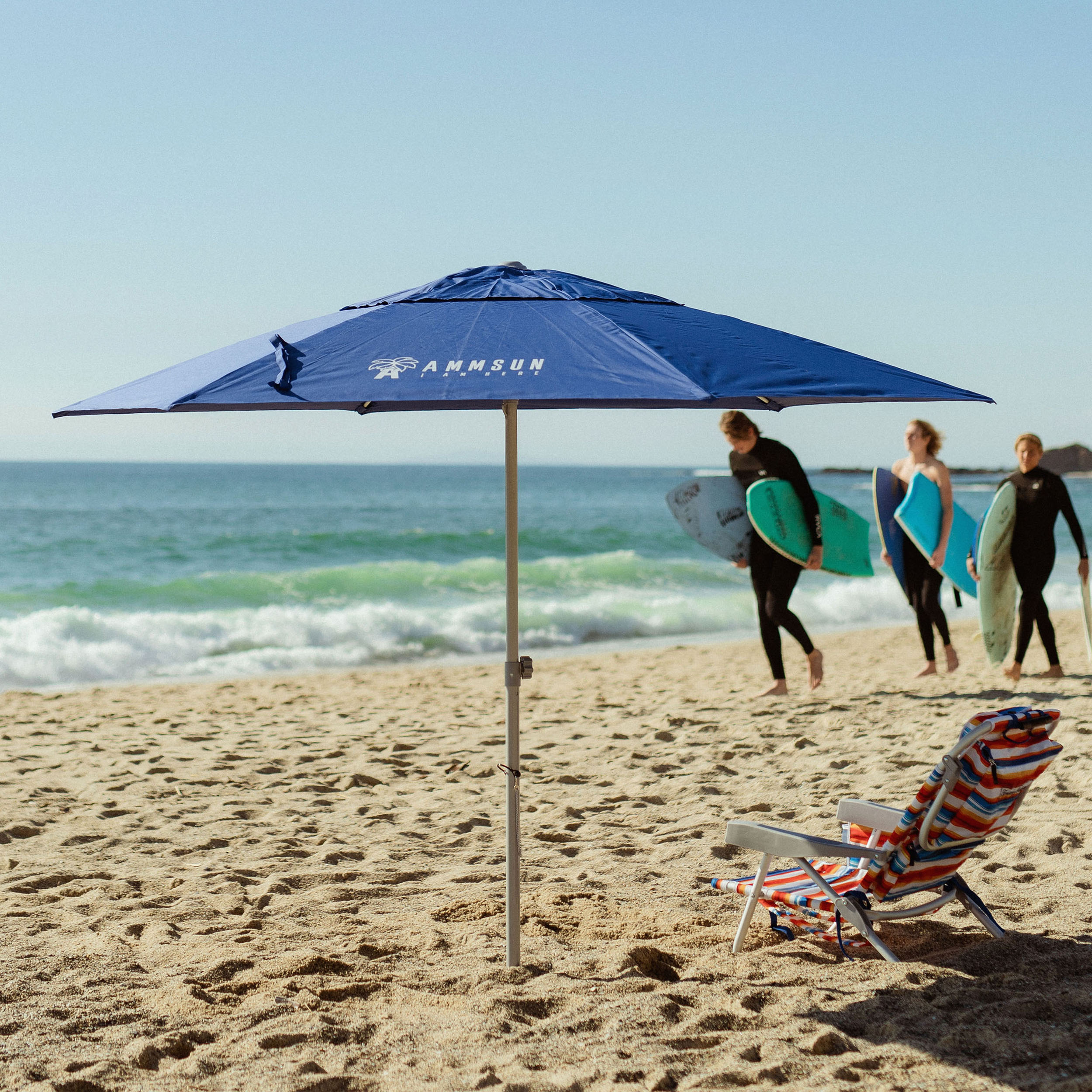 AMMSUN 8ft Commercial Heavy Duty Beach Umbrella with Sand Anchor UPF50+ Without Tilt,Blue