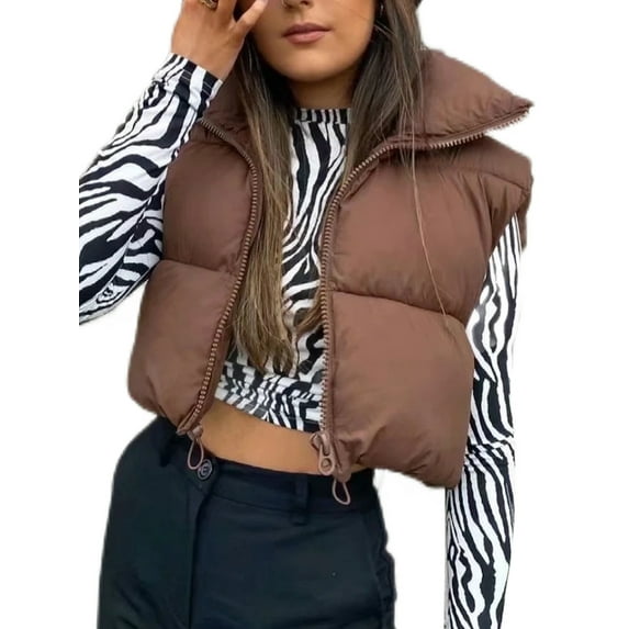 Frontwalk Ladies Casual Solid Color Winter Crop Vest Zip Up Plain Jackets Women Sleeveless Work Outwear Brown M