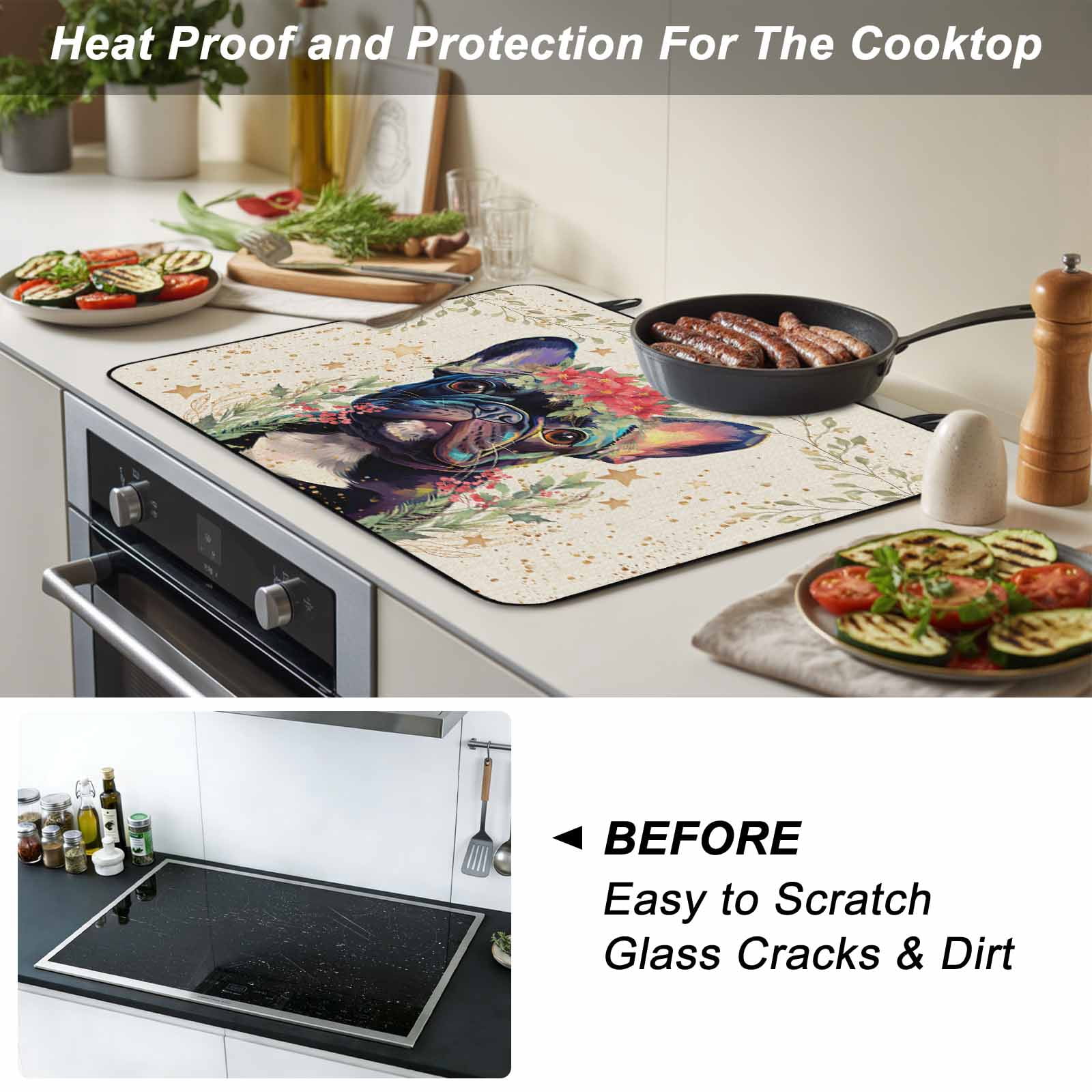 Pet Dog Leaves, Stove Top Cover for Electric Stove, Heat-proof & Non Slip Glass Top Stove Cover Protector, Farmhouse Flower Stars Watercolor Kitchen Flat Cooktop Rubber Mat 24x21 Inches