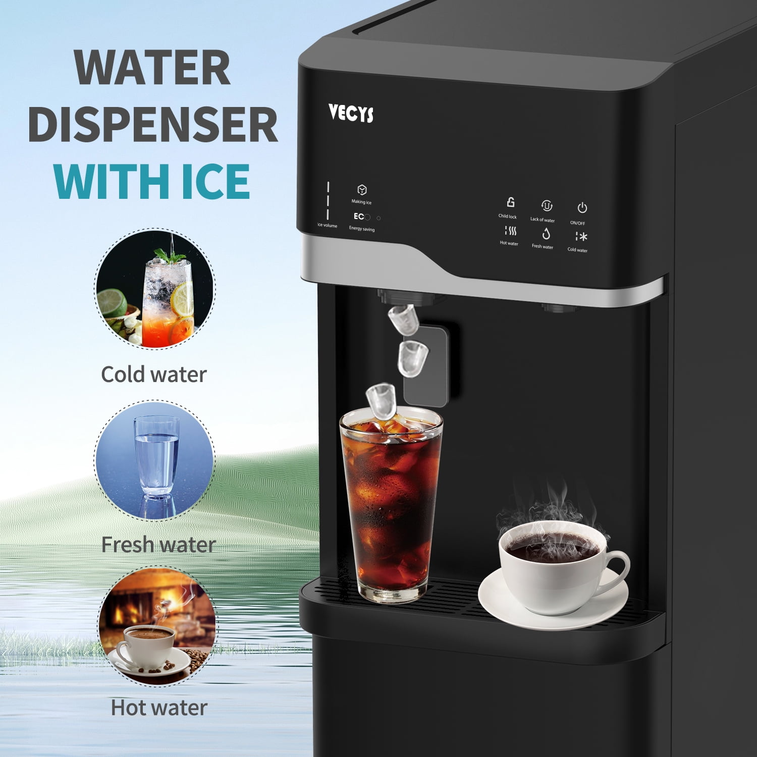 VECYS Bottom Loading Ice Maker Self-Clean Hot Cold Water Dispenser for 5 Gallon Bottle, 22LBS Daily Ice Making, Child Safety Lock, Black