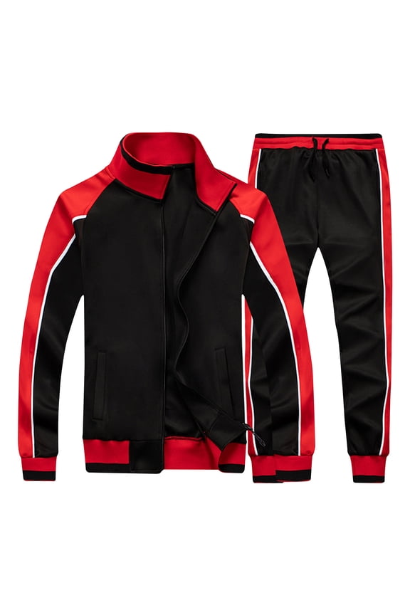 Fall Winter Sweatsuits for Men 2 Piece Fashion Patchwork Zipper up Jacket and Sweatpant Jogging Suits Pockets Warm up Men's Tracksuits
