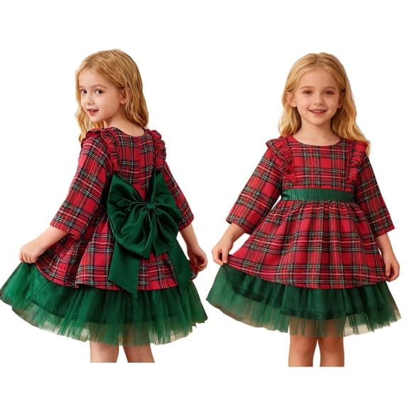 Christmas Dresses for Girls Long Sleeve Plaid Dress Girl Tulle Dress with Bow Fall Toddler Dresses 12-24 Months