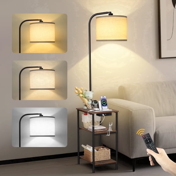 OUTONLIFE Floor Lamp with Table for Living Room with USB & Type C Charging Station, End Table Lamp with 3-Color Temperature LED Bulb for Bedroom, Brown