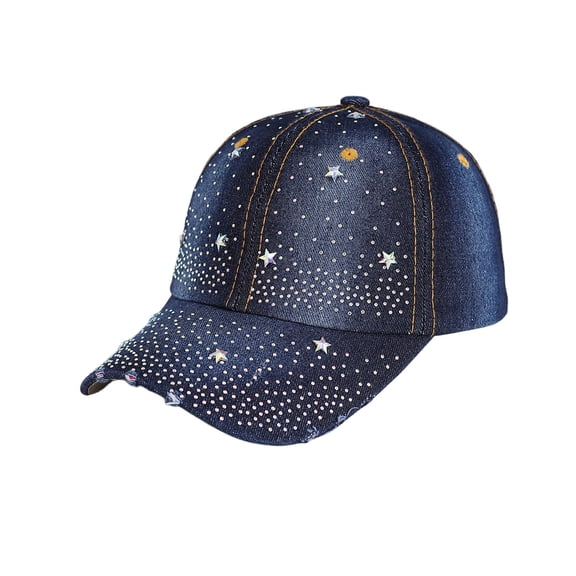 Ljudmp Womens Mens Vintage Washed Denim Rhinestone Baseball Cap Distressed Frayed Brim Bling Crystal Studded Cowboy Hat Adjustable Sun Hat Dark Blue Pattern C