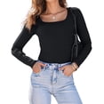 thumbnail image 3 of Womens Long Sleeve Shirts Square Neck Tops Ribbed Knit Basic Crop Tops Fall Outfits Fashion Clothes Black XL, 3 of 8
