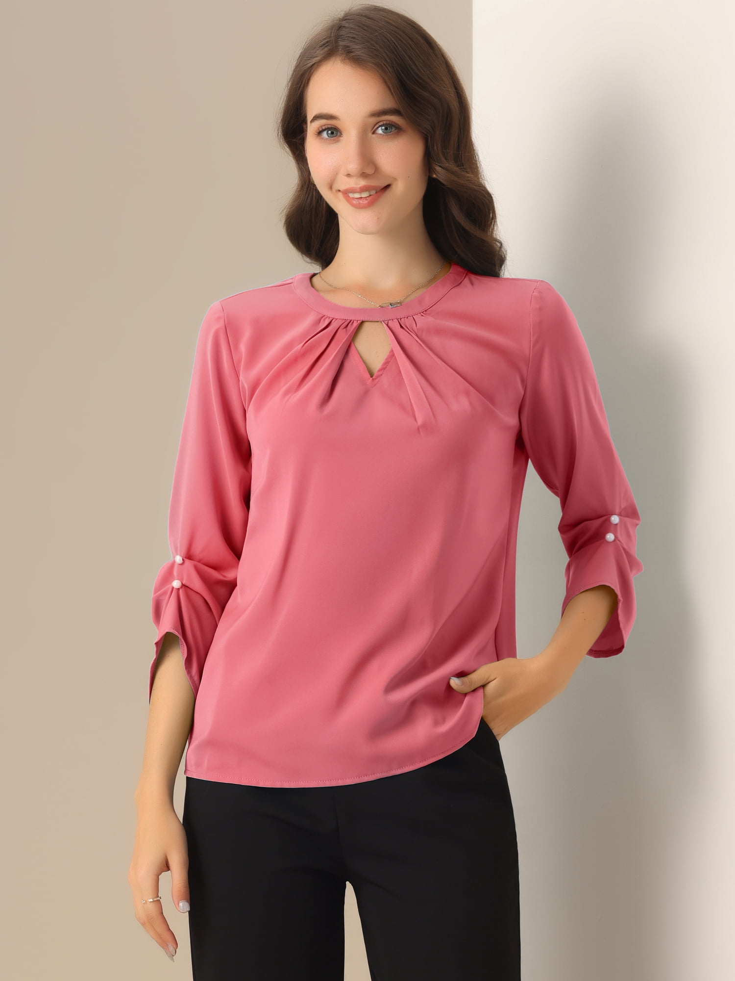 DARING DIVA Round Neck Keyhole Pleated Shirred Work Top XL Dark Pink