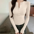 thumbnail image 2 of Vinsonshop Womens Henley Shirts Long Sleeve Button Down V Neck Ribbed Slim Fit Casual Basic Tee Fall Clothes Beige L, 2 of 4