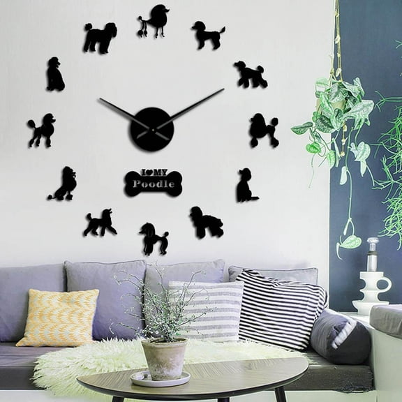 Poodle Big Hand Modern Wall Clocks Pudelhund DIY Giant Wall Clock Dining Room Wall Decor Caniche Mirror Effect DIY Large Wall Art(Black,27inch)