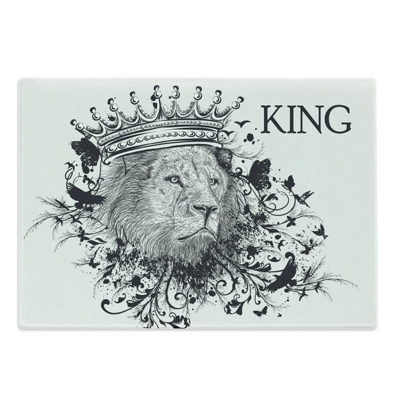King Cutting Board, Reign of the Jungle Forest of Courage Safari Animal Lion Grunge Design, Decorative Tempered Glass Cutting and Serving Board, Large Size, Black and White, by Ambesonne